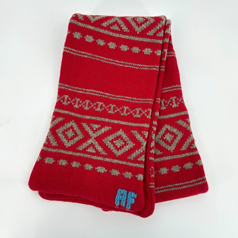 Vntg Abercrombie Fitch 100% Lambswool Chunky Knit Red Fair Isle Knit Scarf‎